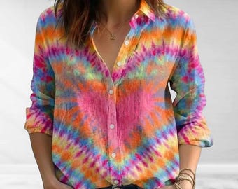 Camisa abotonada con estampado botánico folclórico colorido, blusa estilo boho llamativa.