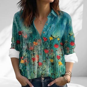 Artistic Teal Floral Shirt For Women,Hand Painted Style Flower Print Blouse,Boho Chic Button Up Top, Casual Loose Fit Summer Tunic