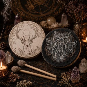 May include: Two round frame drums with wooden rims. One drum features a black line art illustration of a deer with antlers against a light background. The other drum displays a detailed black and white owl illustration. Two wooden mallets with fuzzy heads.