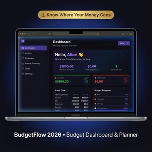 Può includere: Uno schermo di un portatile che mostra l'interfaccia della dashboard finanziaria BudgetFlow 2026 con un tema scuro. Lo schermo mostra una panoramica finanziaria mensile per giugno, inclusi entrate, spese, tabelle di cassa e barre di progresso.