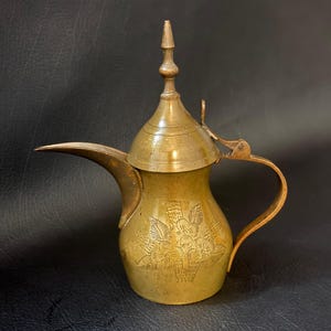 May include: A brass coffee pot featuring a long, slender spout, a hinged lid with a pointed finial, and a curved handle. The body of the pot is decorated with an engraved floral pattern consisting of several blossoms and leaves on the front side.