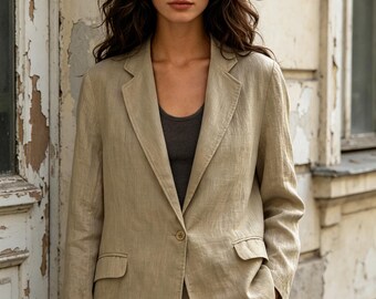 80% Linen Blend Blazer, Champagne Beige Casual Suit Jacket, Lightweight Single-Breasted Blazer, Breathable Summer Office Blazer