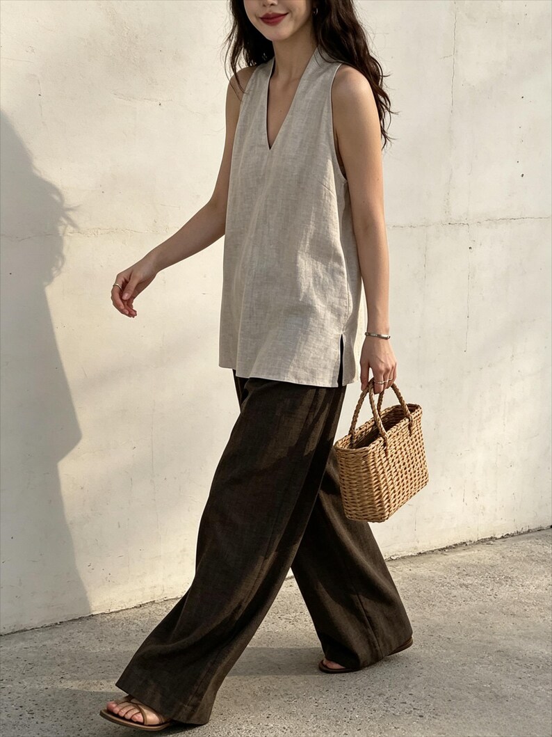 May include: A sleeveless beige V-neck top with side slits paired with dark brown wide-leg trousers and a small woven tan basket handbag. The outfit is completed with simple flat sandals, creating a neutral-toned ensemble with clean lines.