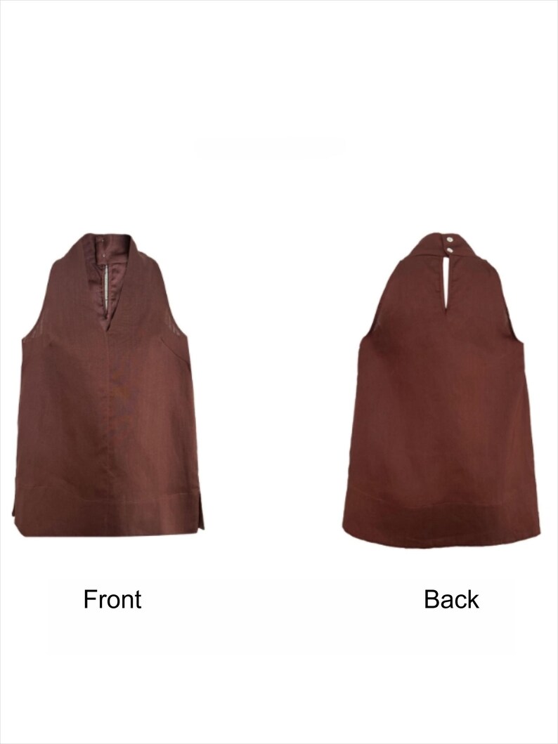 May include: A sleeveless brown top featuring a V-neckline on the front and a high neckline with a keyhole opening secured by two buttons on the back. The garment has a straight hemline with small side slits, shown from both front and back views.