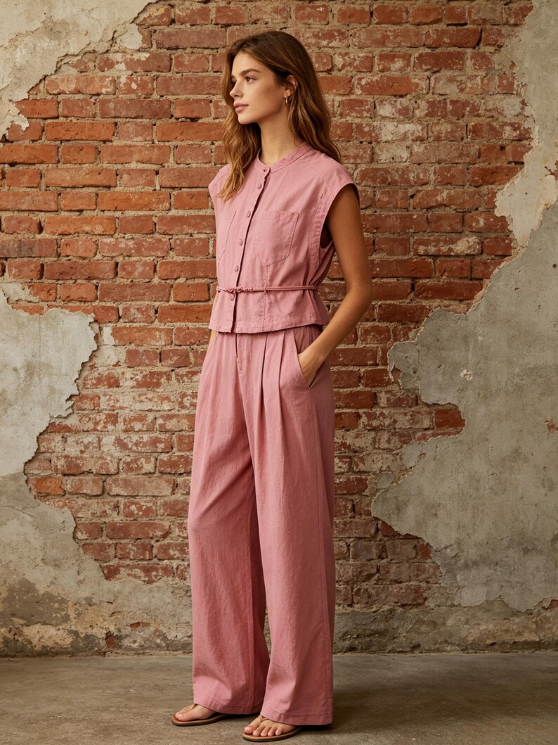 May include: A dusty rose two-piece set consisting of a sleeveless button-down top with a mandarin collar and a chest pocket, paired with matching high-waisted wide-leg trousers featuring front pleats and a thin tie belt at the waist.
