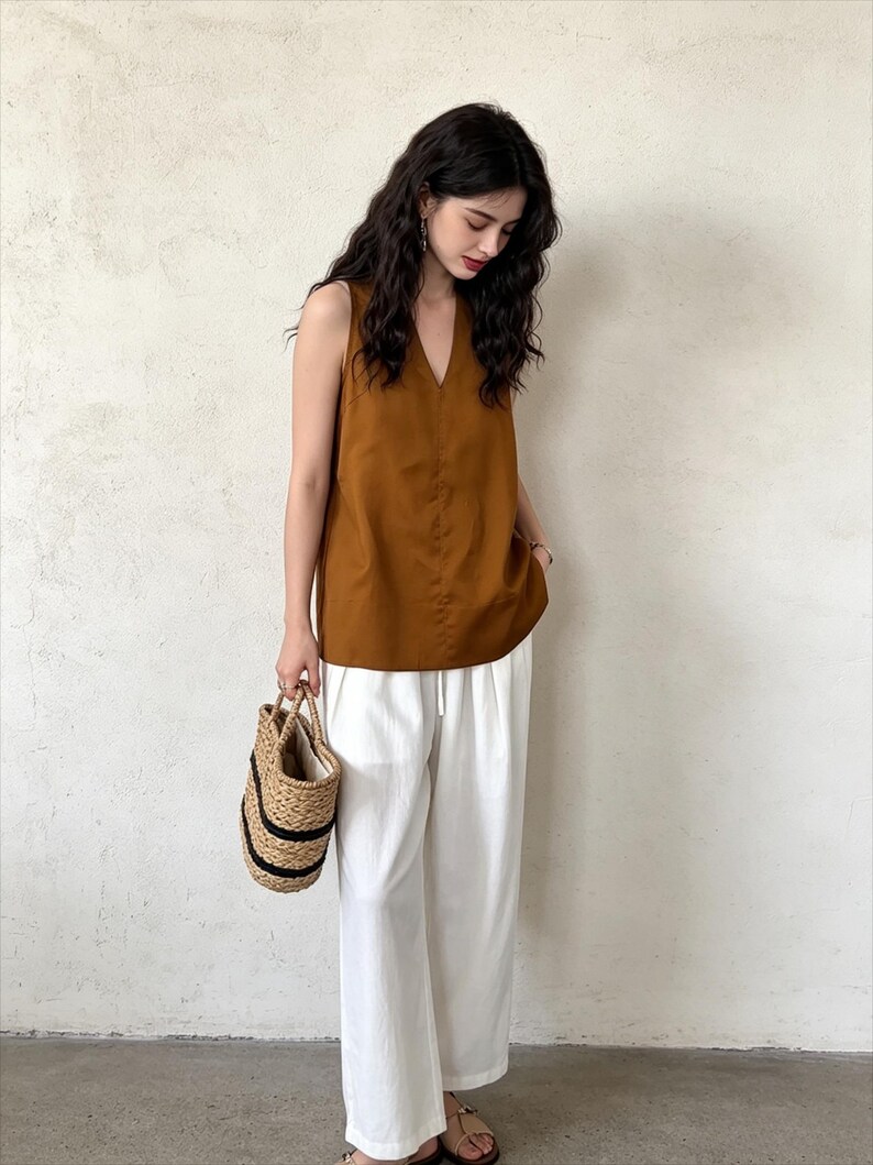 May include: A sleeveless brown V-neck top paired with loose-fitting white trousers featuring an elasticized drawstring waist. The outfit is accessorized with a woven straw handbag with black horizontal stripes and simple open-toe sandals.