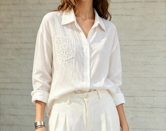 White 100% Linen 2 Piece Outfit, Crochet Pocket Collared Shirt + High Waist Pleated Bermuda Shorts