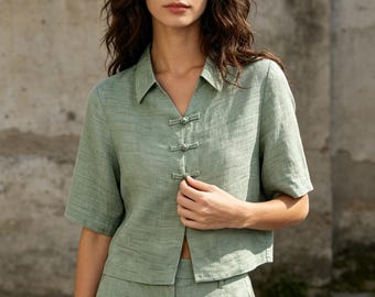 100% Ramie Frog Button 2-Piece Outfit, Linen Blend Top & Wide Leg Pants Set, Casual Summer Loungewear Co-ord