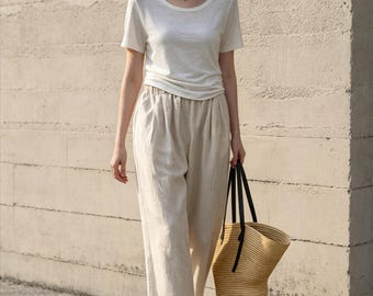 Natural 100% Linen Wide Leg Pants, Elastic High Waist Relaxed Trousers, Casual Loose Fit Linen Pants for Summer Daily Wear