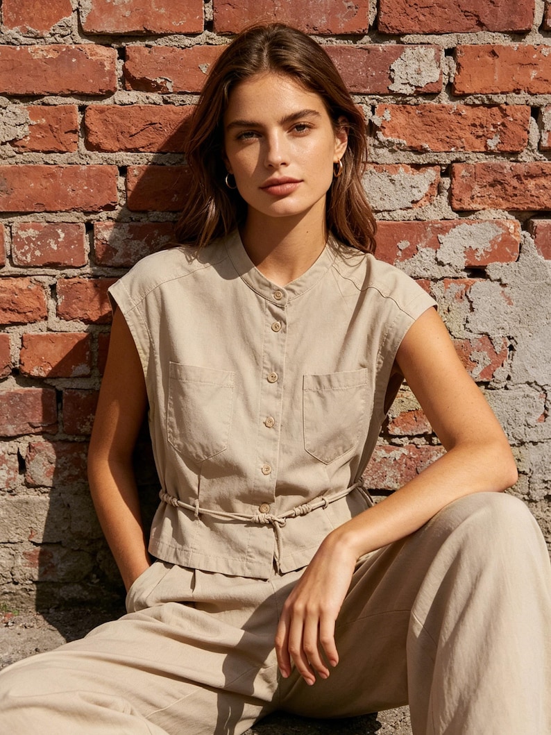 May include: A beige sleeveless button-down shirt with a mandarin collar, two chest pockets, and a thin drawstring waist tie. The shirt is paired with matching beige trousers, creating a coordinated set with a structured, utility-inspired design.