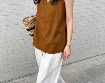 Halter V Neck Linen Tencel Tank Top, Back Keyhole Sleeveless Blouse, Relaxed Loose Fit Summer Casual Womens Top
