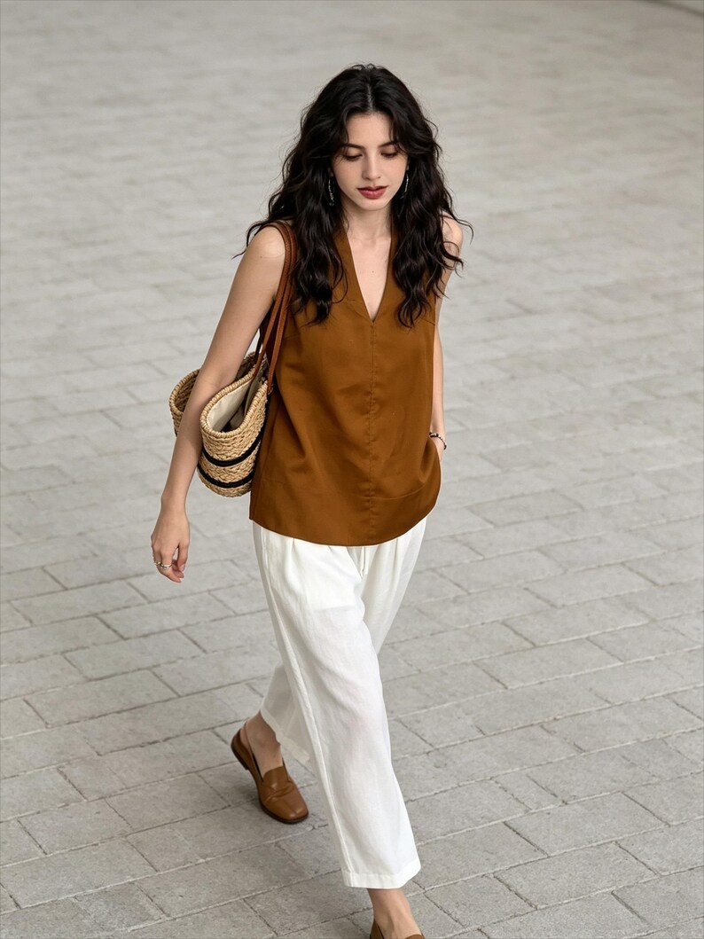 May include: A sleeveless brown V-neck top paired with loose-fitting white trousers, a woven straw tote bag with black horizontal stripes, and brown leather loafers. The ensemble features a clean, simple aesthetic with neutral earth tones.