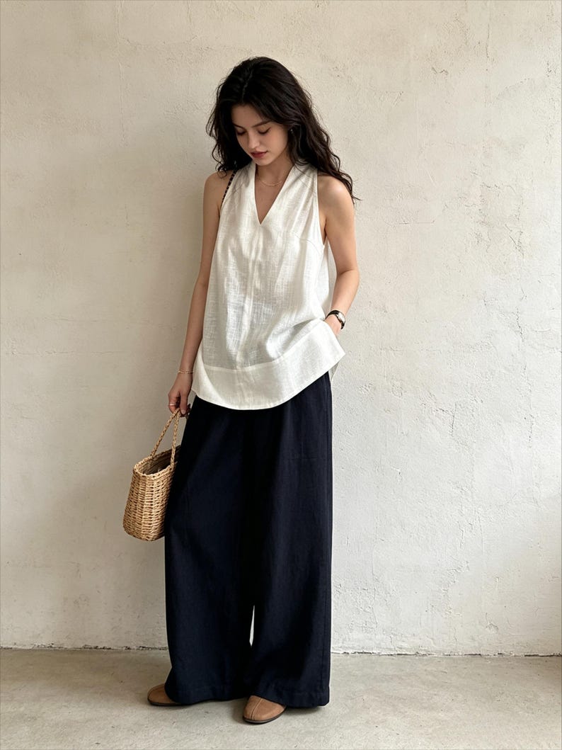 May include: A sleeveless white V-neck top with a textured finish paired with loose-fitting black wide-leg trousers. The outfit is accessorized with a woven straw handbag and tan slip-on shoes, creating a coordinated ensemble of neutral tones.