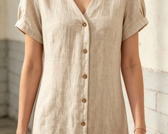 100% Linen Button Front Midi Dress, V Neck Puff Sleeve Casual Linen Dress, Summer Minimalist Shift Dress for Women