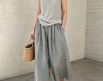 Striped Linen Wide Leg Culotte Pants, Elastic High Waist Loose Fit Cropped Trousers, Casual Summer Boho Women’s Palazzo Pants