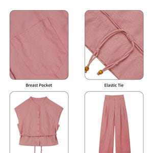 May include: A pink linen and Tencel top and pants set. The top features a breast pocket, a mandarin collar, and an elastic tie waist with wooden beads. The pants are wide-legged with a button closure. The text Product Details is at the top.