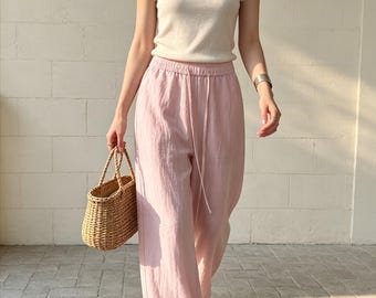 Elastic Drawstring Linen Lyocell Wide Leg Pants, High Waist Relaxed Casual Palazzo Trousers, Summer Boho Loose Fit Womens Long Pants