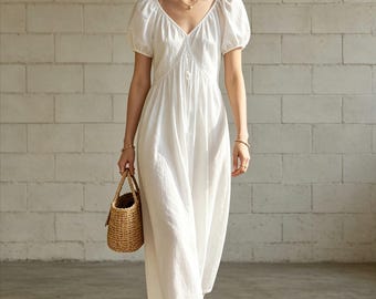 Acetate V-Neck Puff Sleeve Maxi Dress, Boho Summer Casual Flowy Long Dress, Beach Vacation Sundress