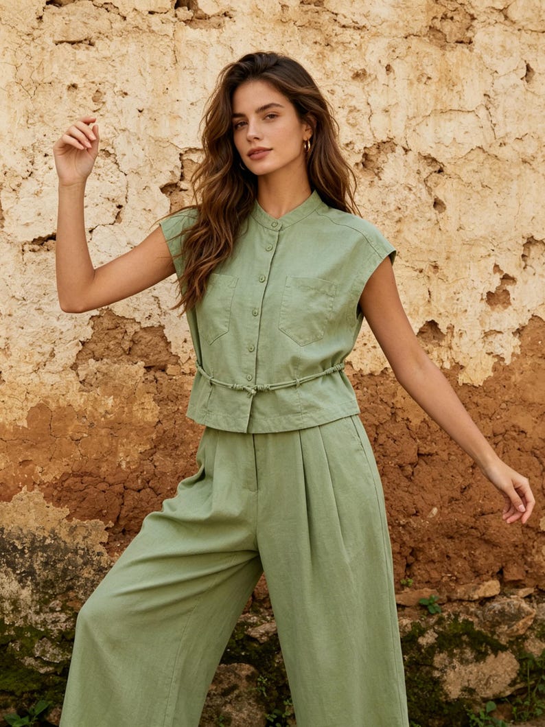 May include: A sage green sleeveless button-down shirt with a mandarin collar and two chest pockets, paired with matching high-waisted wide-leg trousers featuring front pleats and a thin cord tie detail at the waist.