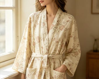 Vintage Floral Cotton Linen Kimono Robe, Tie Waist Bathrobe, Lightweight Loungewear Dressing Gown for Women