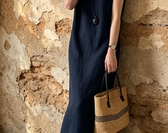 Sleeveless Linen Lyocell Midi Dress, Back Tie Loose Maxi Dress, Side Split Casual Summer Boho Dress for Women