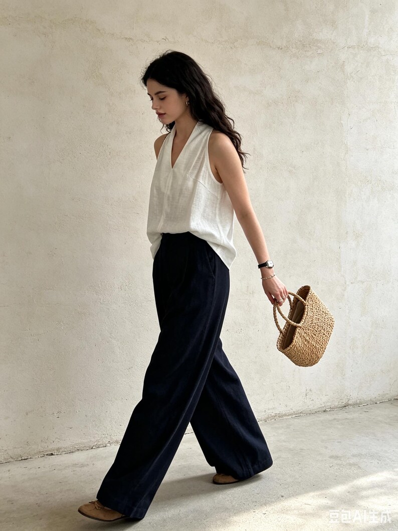 May include: A sleeveless white V-neck top paired with high-waisted black wide-leg trousers. The outfit is accessorized with a small woven straw handbag, a metallic wristwatch, and tan flat shoes, creating a clean and coordinated ensemble.