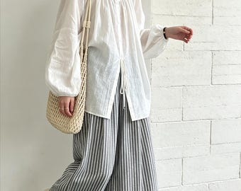 Gathered Scoop Neck Ramie Lyocell Blouse, Puff Balloon Sleeve Tie Hem Oversized Casual Summer Womens Shirt