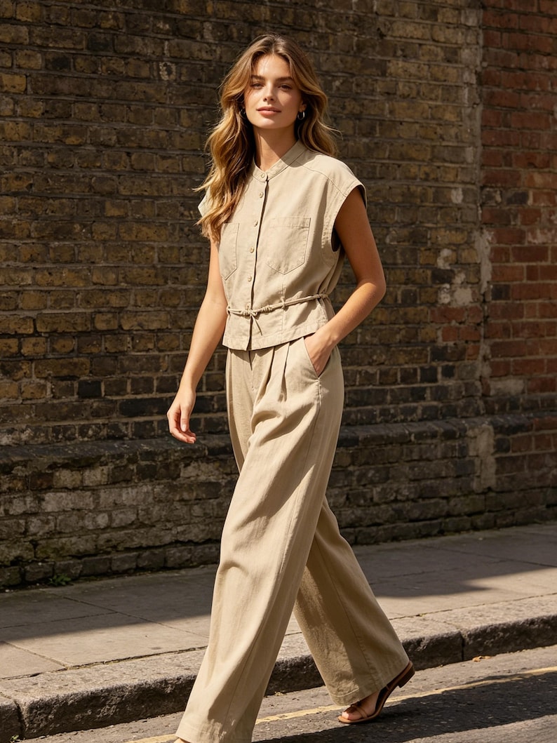 May include: A beige sleeveless button-down shirt with a mandarin collar and two chest pockets, paired with matching high-waisted wide-leg trousers featuring a thin tie-waist belt. The outfit is a solid neutral tan color with visible seam detailing.