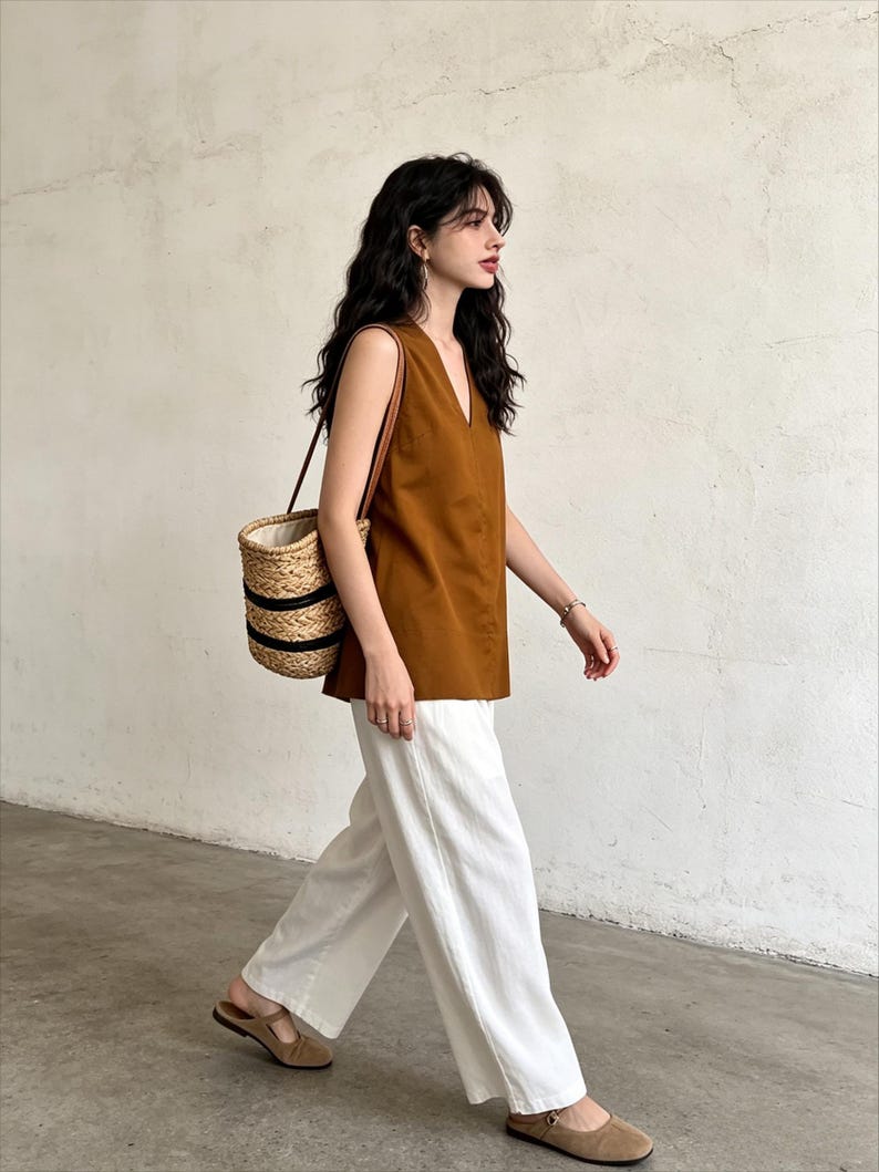 May include: A sleeveless brown V-neck top paired with wide-leg white trousers, a woven straw bucket bag with black horizontal stripes, and tan flat shoes. The outfit features a clean, simple silhouette with neutral earth tones and textures.