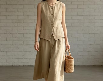 Linen Blend Vest & Midi Skirt Set, Boho Two-Piece Outfit, Casual Summer Co-ord, Neutral/Navy Linen Set