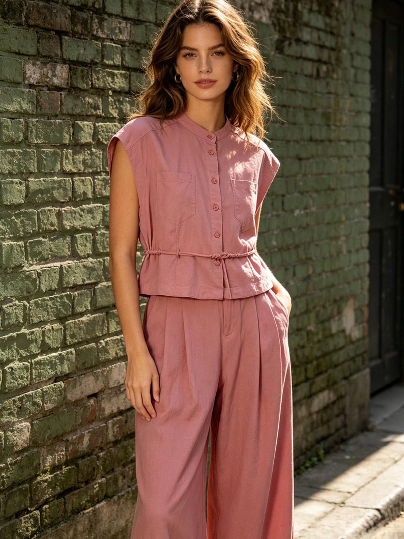 May include: A dusty rose sleeveless button-down shirt with a mandarin collar and two chest pockets, paired with matching high-waisted wide-leg trousers featuring front pleats and a thin drawstring tie at the waistline of the shirt.