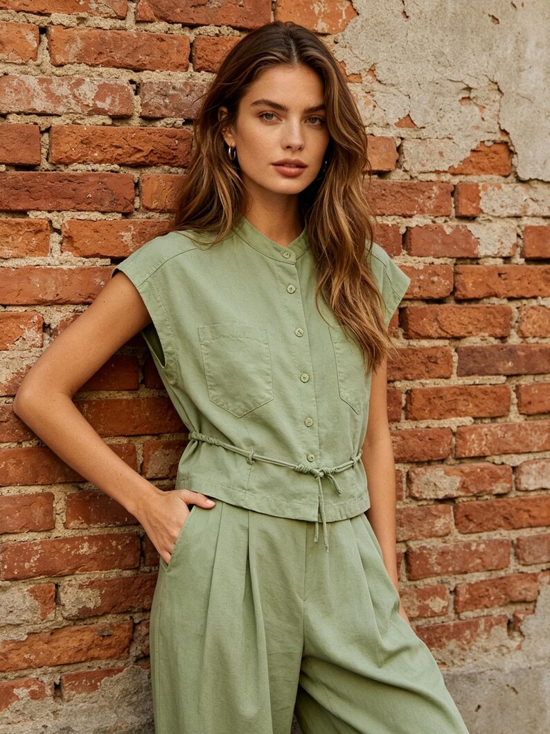 May include: A sage green sleeveless button-down shirt with a mandarin collar, two chest pockets, and a thin drawstring waist tie, paired with matching high-waisted pleated trousers that feature side pockets and a relaxed, straight-leg silhouette.