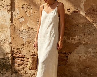 Boho Linen Slip Midi Dress, V-Neck Cami Dress, Casual Summer Flowy Dress, Neutral Minimalist Sundress