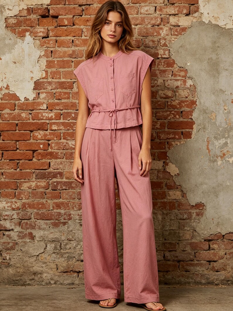 May include: A dusty rose two-piece set consisting of a sleeveless button-down top with a mandarin collar, two chest pockets, and a drawstring waist, paired with matching high-waisted wide-leg trousers featuring front pleats and a relaxed fit.