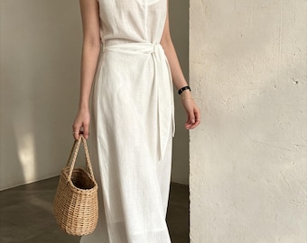 Wrap Tie Linen Lyocell Maxi Dress, Notch Neck Sleeveless Midi Dress, Casual Summer Boho Belted Long Dress for Women