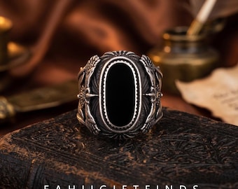 Anillo llamativo de águila de ónix negro, anillo de motociclista vintage de acero inoxidable, joyería gótica con ala de halcón para hombre.
