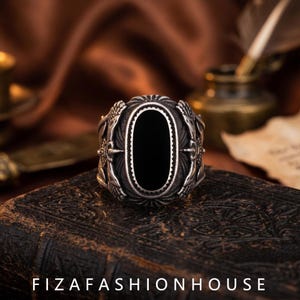 Black Onyx Eagle Statement Ring, Vintage Stainless Steel Biker Ring, Gothic Hawk Wing Signet Jewelry for Men