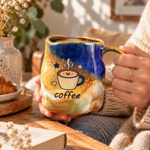 名入れ可能な手作りセラミックマグカップ、カスタム名入れ可能なろくろ成形陶器コーヒーカップ、反応釉薬を施した素朴なストーンウェアマグカップ、職人によるティーギフト