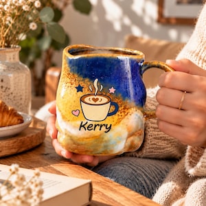 Spersonalizowany ręcznie robiony kubek ceramiczny, filiżanka do kawy z ręcznie robioną ceramiką toczoną na kole garncarskim, rustykalny kubek kamionkowy z reaktywnym szkliwem, prezent od rzemieślników