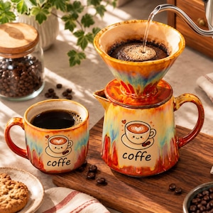 Cafetera de cerámica artesanal personalizada con nombre, juego de gotero esmaltado único con servidor, decoración de cocina para amantes del café, regalo para los amantes del café.