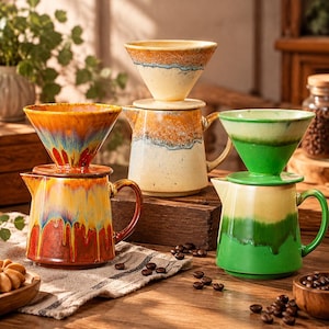 May include: Three ceramic coffee drippers and matching pitchers in orange, yellow, and green. Each set features a reactive glaze with a drip pattern. The drippers are cone-shaped and sit atop the pitchers, which have handles and spouts.
