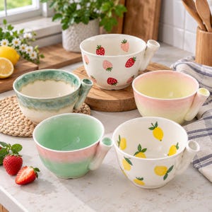 Può includere: Un set di cinque ciotole da barba in ceramica con manici laterali. Una ciotola presenta motivi a fragole rosse, una motivi a limoni gialli, una è verde chiaro tinta unita, una è rosa pastello e una ha una finitura smaltata reattiva verde e crema.