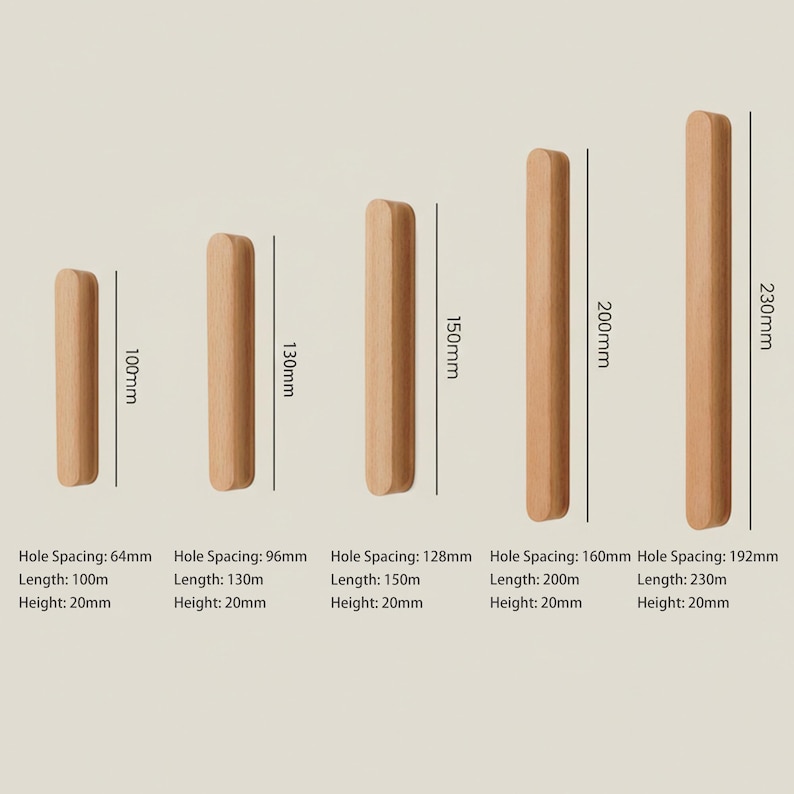 May include: Five light-coloured wooden cabinet pulls of varying lengths arranged vertically. Each pull is labelled with dimensions: 100mm, 130mm, 150mm, 200mm, and 230mm. Text below specifies hole spacing, length, and height for each individual wooden handle.