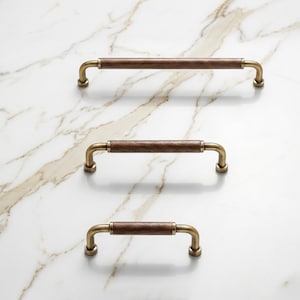 Antique Brass Cabinet Pull Handle with Walnut Wood Grip, Scandinavian Kitchen Handle, Modern Drawer Pull