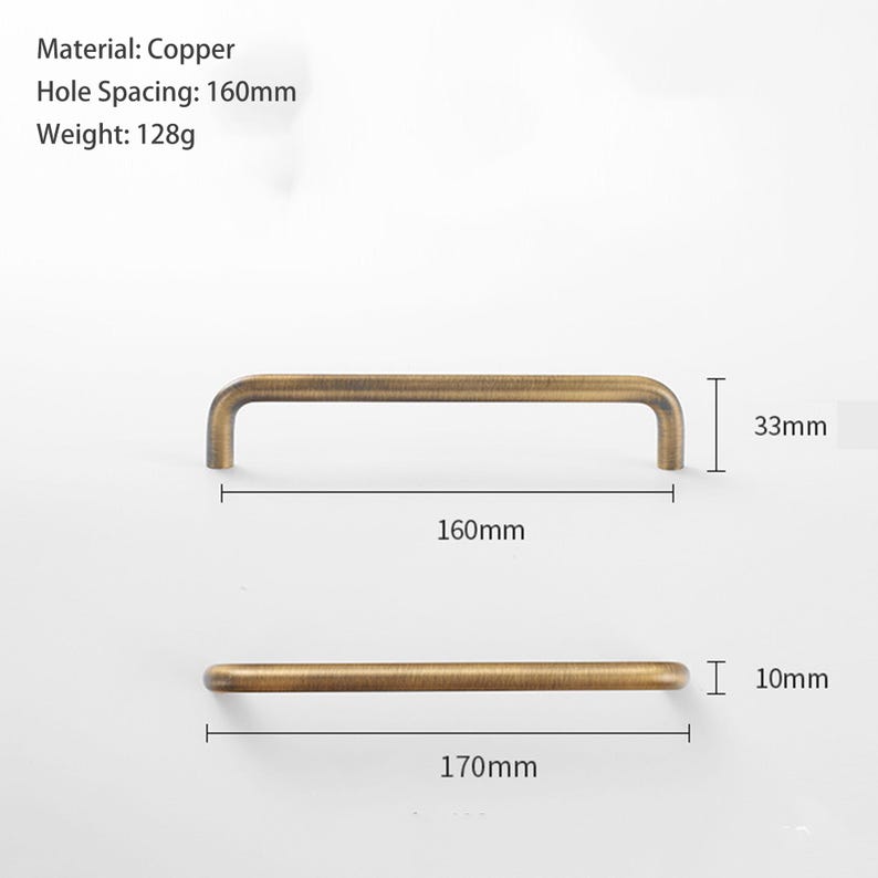 May include: A copper cabinet handle with a brushed finish. Text indicates: Material: Copper, Hole Spacing: 160mm, Weight: 128g. Dimensions shown are 160mm hole spacing, 170mm total length, 33mm height, and 10mm thickness for the handle bar.