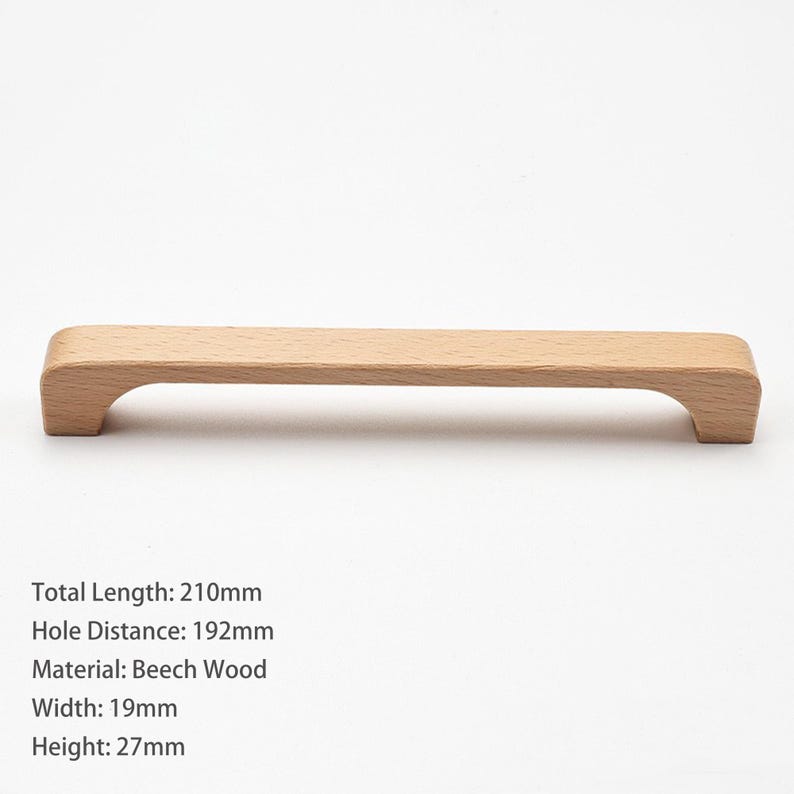 May include: A light brown beech wood cabinet handle with a smooth finish. The handle has a total length of 210mm, a hole distance of 192mm, a width of 19mm, and a height of 27mm. The design features a straight bar with curved ends.