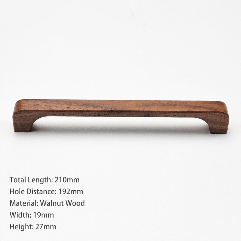 May include: A brown walnut wood cabinet handle with a smooth finish. The handle has a total length of 210mm, a hole distance of 192mm, a width of 19mm, and a height of 27mm. The text on the image specifies these dimensions and the material.