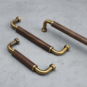 Antique Brass Cabinet Pull Handle with Walnut Wood Grip, Scandinavian Kitchen Handle, Modern Drawer Pull