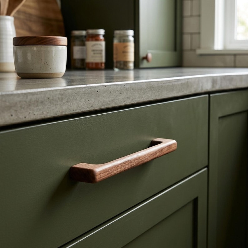 May include: A horizontal wooden cabinet handle with a smooth, rounded rectangular profile attached to a matte olive green drawer front. The handle features a natural wood grain texture and a warm brown tone, contrasting with the dark green cabinetry.