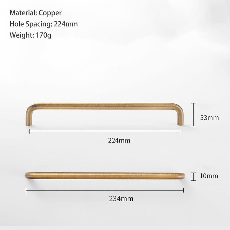 May include: A copper cabinet handle with a brushed finish. The handle features a 224mm hole spacing, a 170g weight, and total dimensions of 234mm in length, 33mm in height, and 10mm in diameter. The text includes Material: Copper, Hole Spacing: 224mm, Weight: 170g.